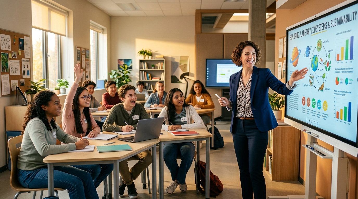 Certified Teacher standing by interactive digital classroom board presenting engaging lesson